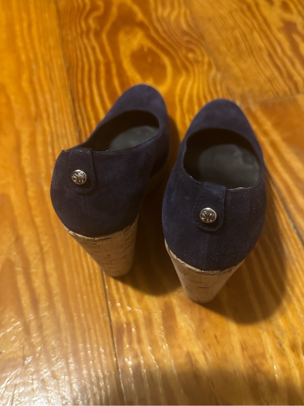 Stuart Weitzman Navy Suede Cork Wedge Pumps - Picture 5 of 9
